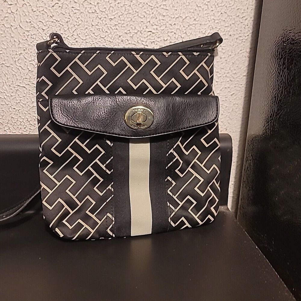Tommy Hilfiger Crossbody Logo Canvas Shoulder Bag Black White 9" Designer Bag
